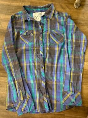 Mossimo Supply Co. Purple Green Plaid Button-Down Shirt